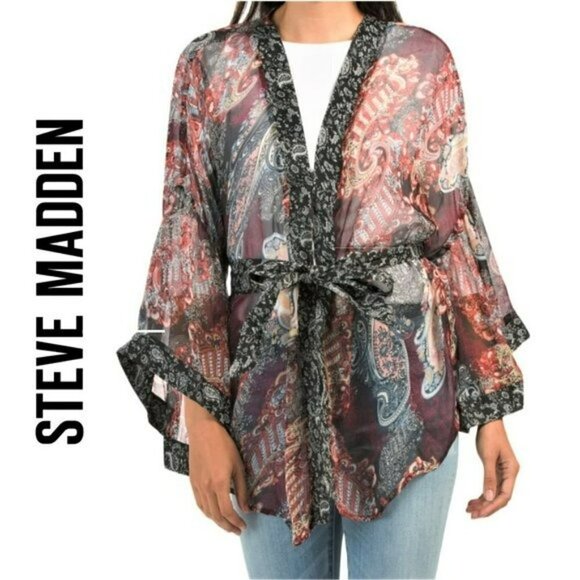 NWT STEVE MADDEN Boho Semi Sheer Paisley Print Belted Kimono Cover-Up / Top - Picture 1 of 5